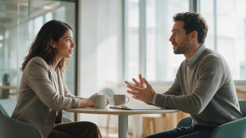 Account Manager im Gespräch mit einem Kunden am Besprechungstisch