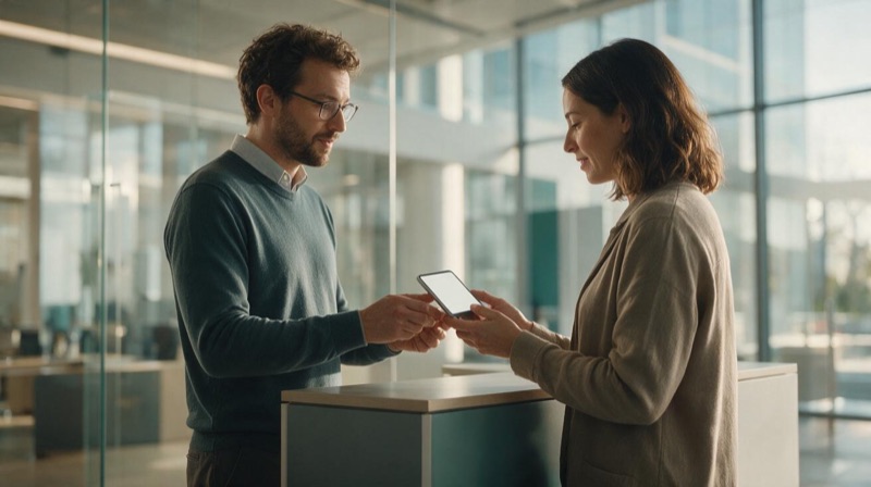 After Sales Manager erklärt einem Kunden ein technisches Gerät