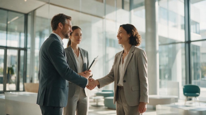 Business Development Manager beim Handschlag im Bürofoyer