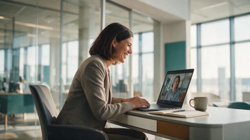 Customer Success Manager im Videocall am Schreibtisch