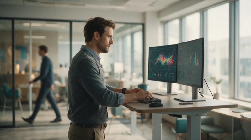 Digital Sales Manager arbeitet am Stehschreibtisch mit zwei Monitoren