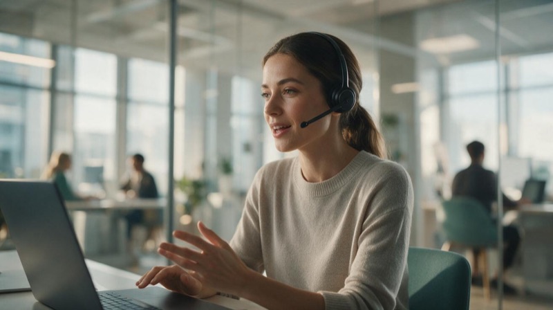Inside Sales Manager im Kundengespräch mit Headset am Laptop