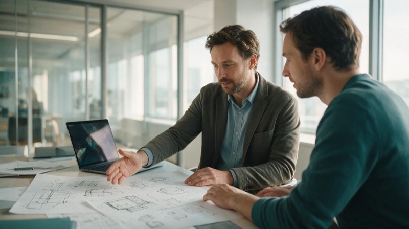 IT-Berater erklärt Systemskizzen am Schreibtisch