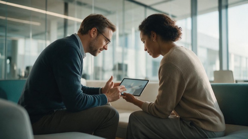Sales Consultant berät einen Kunden anhand eines Tablets