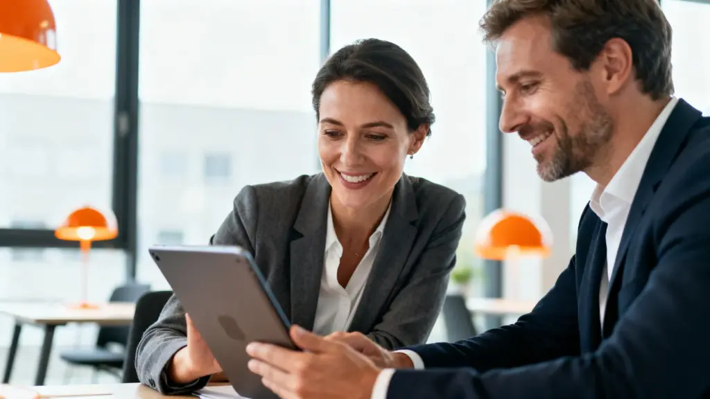 Account Managerin betreut einen Bestandskunden vor Ort