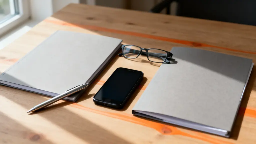Ordner, Stift und Smartphone für die Arbeitslosmeldung auf einem Tisch