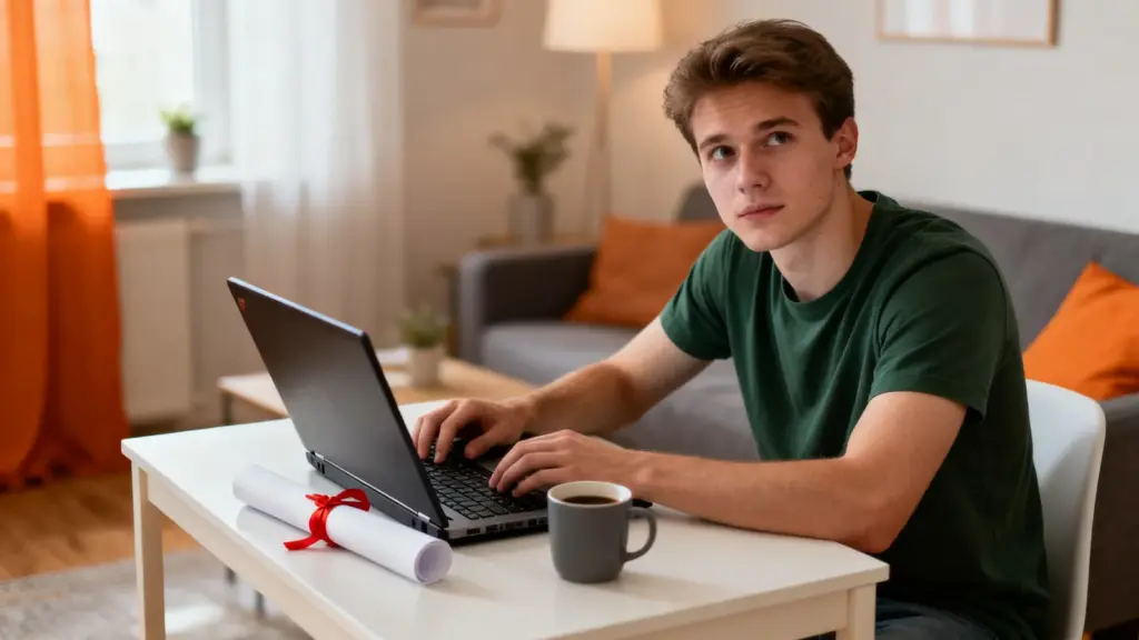 Hochschulabsolvent sucht nach dem Studium am Laptop nach einem Job