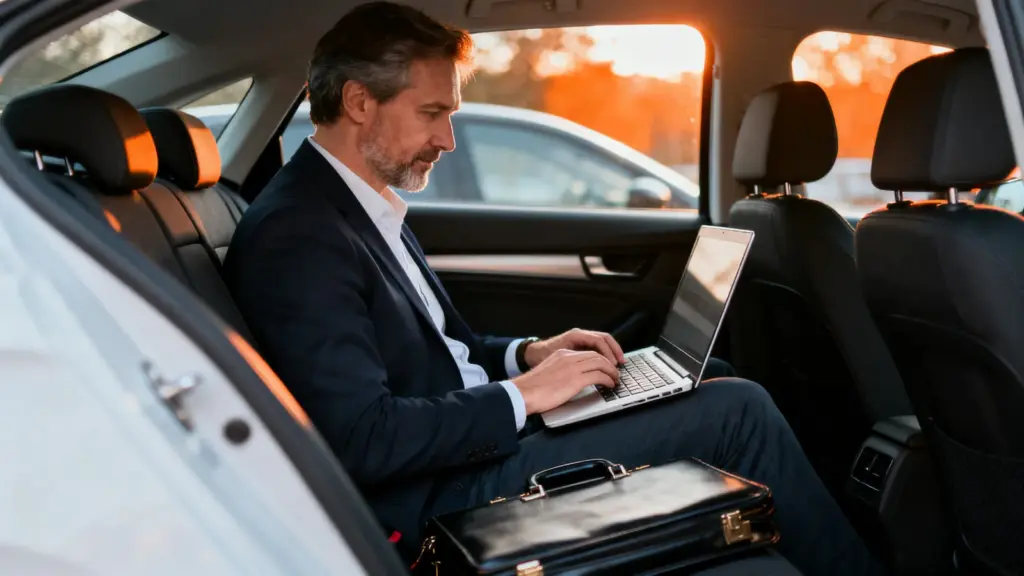 Außendienstmitarbeiter bereitet im Auto einen Kundentermin vor