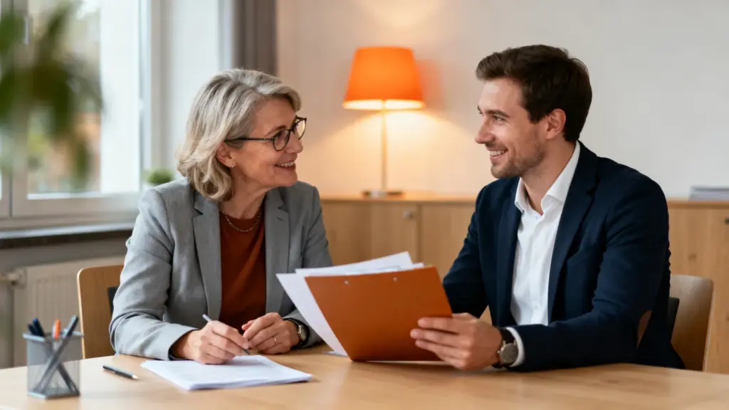 Beraterin bespricht mit einem Mann Qualifizierung und Förderung