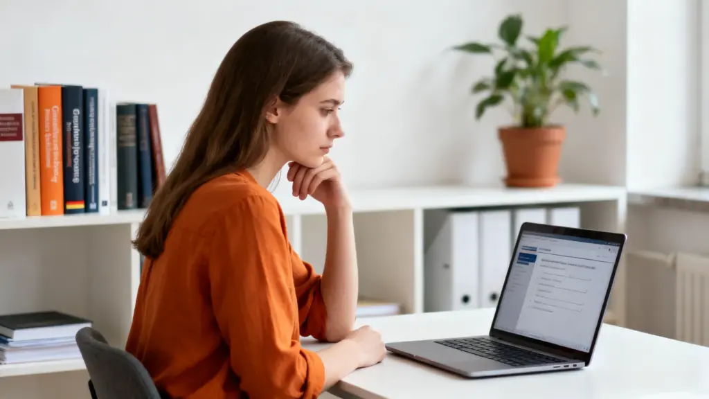 Frau legt eine Online-Prüfung für eine Zertifizierung ab