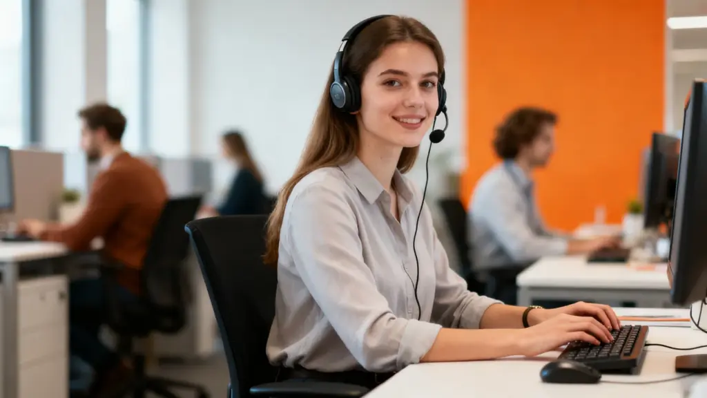 Innendienstmitarbeiterin arbeitet mit Headset am Schreibtisch