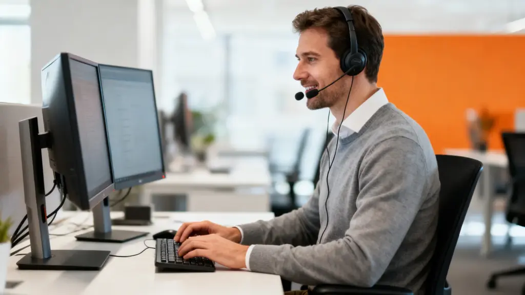 Inside Sales Manager arbeitet mit Headset am Schreibtisch