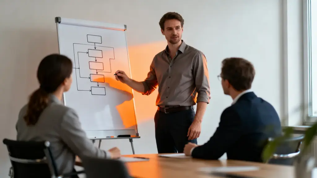 IT-Berater erklärt Kunden ein System am Whiteboard