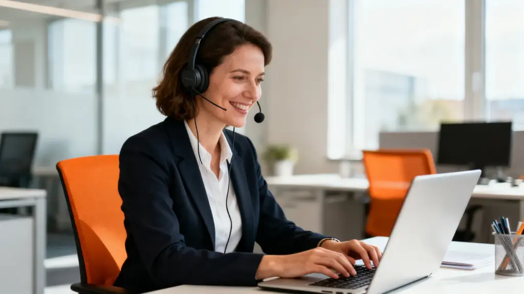 Vertriebsmitarbeiterin telefoniert mit Headset bei der Kaltakquise