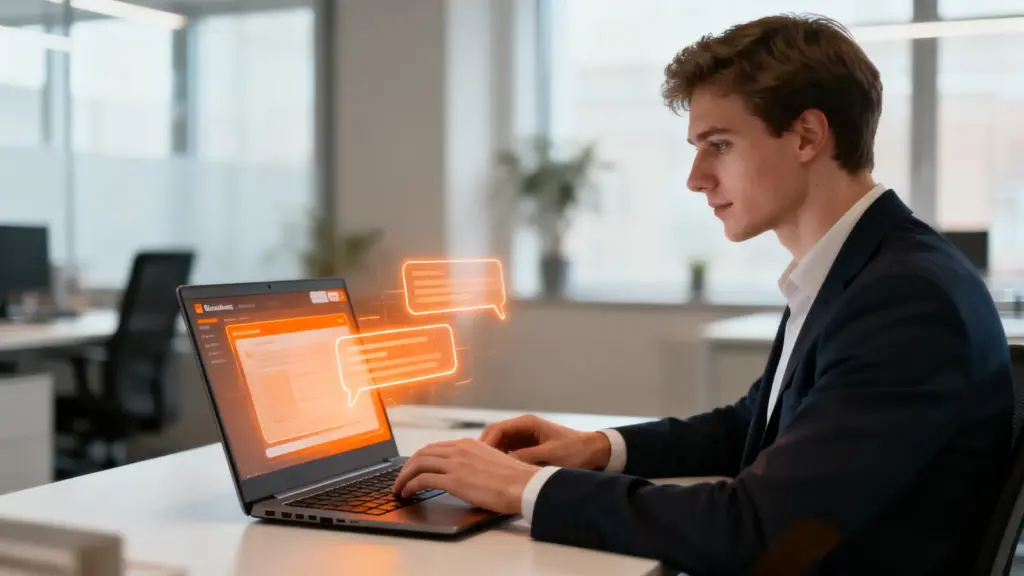Vertriebsmitarbeiter arbeitet mit einem KI-Assistenten am Laptop
