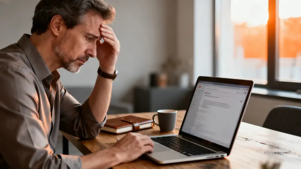 Unzufriedener Kunde liest eine E-Mail am Laptop