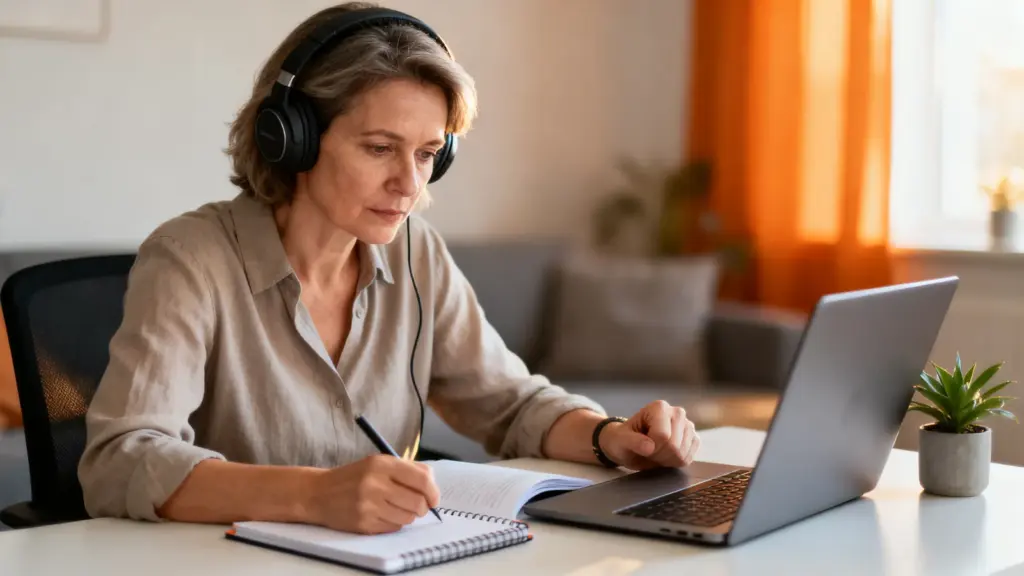 Frau bleibt motiviert und lernt für ihren beruflichen Wiedereinstieg