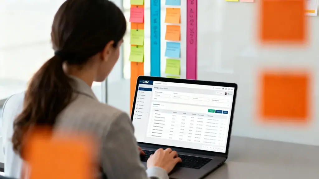 Frau pflegt Leads in einem CRM-System