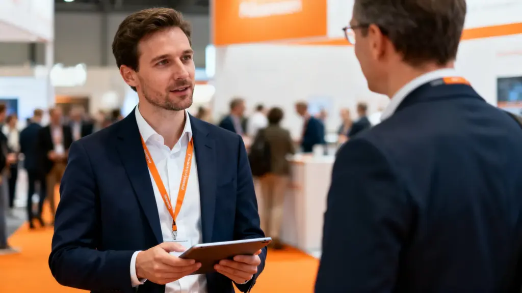 Vertriebsmitarbeiter gewinnt Leads im Gespräch auf einer Messe