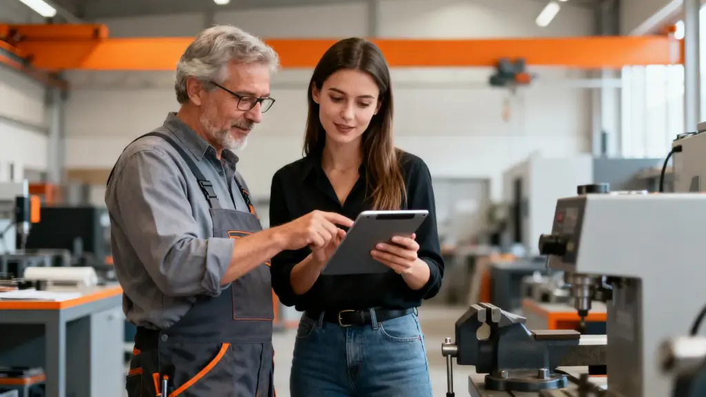 Sales Consultant berät einen Unternehmer mit dem Tablet