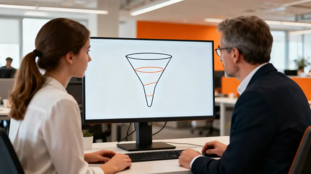 Zwei Kollegen besprechen einen Sales Funnel am Bildschirm