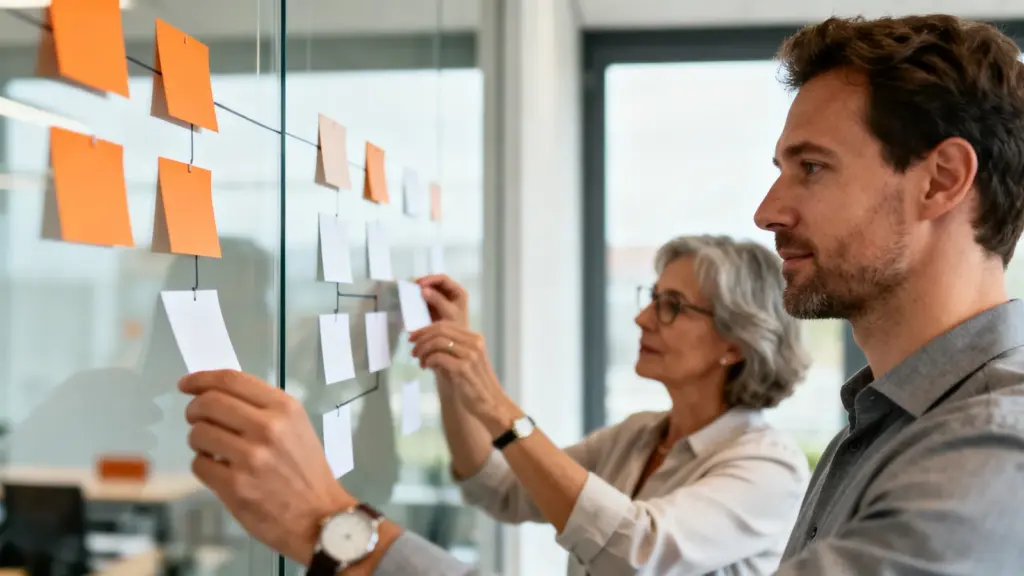 Sales Operations Manager ordnet Vertriebsprozesse an einer Glaswand