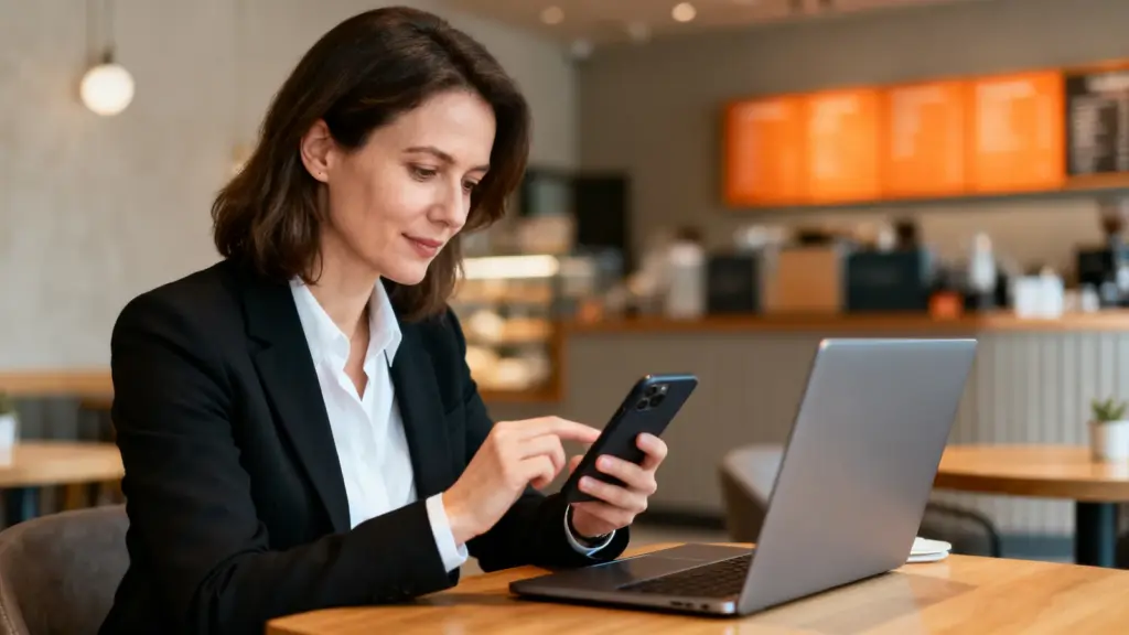 Frau nutzt ein berufliches Netzwerk auf dem Smartphone für Social Selling