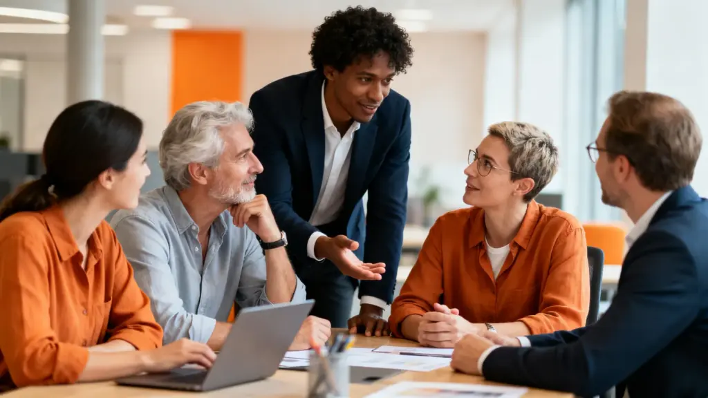 Team arbeitet gemeinsam an einer Aufgabe und zeigt Soft Skills