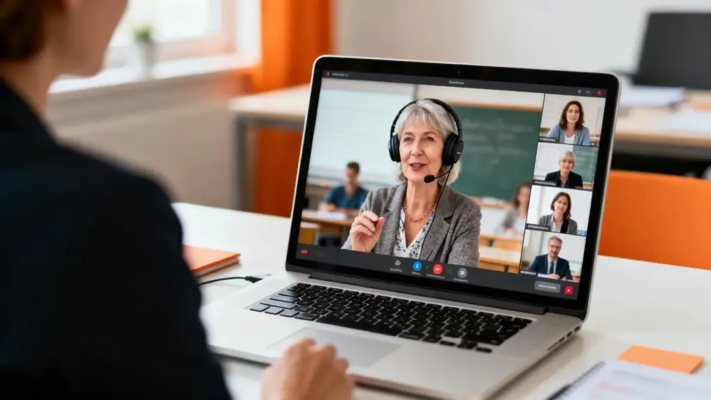 Frau über 50 nimmt an einem virtuellen Kurs teil