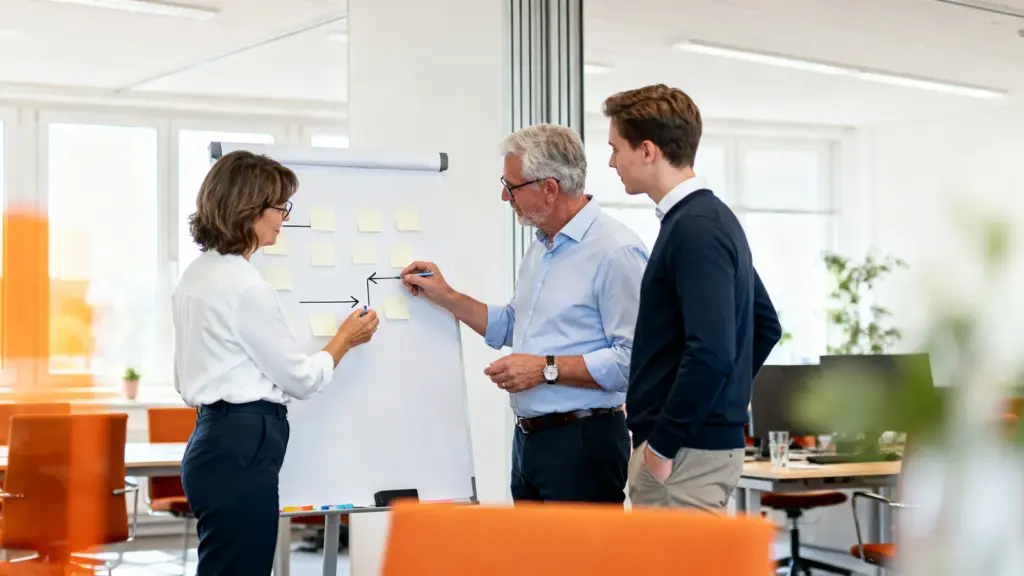 Vertriebsteam plant eine Vertriebsstrategie am Whiteboard