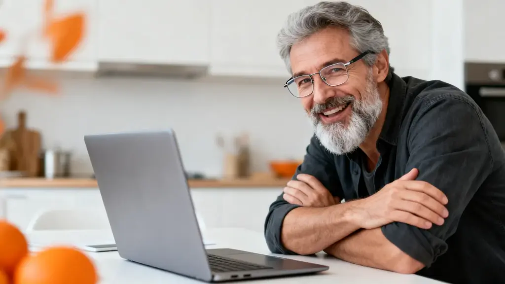 Mann über 50 lernt in einer Weiterbildung am Laptop