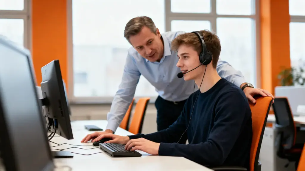 Mann ohne Ausbildung übt in einer Weiterbildung ein Kundengespräch