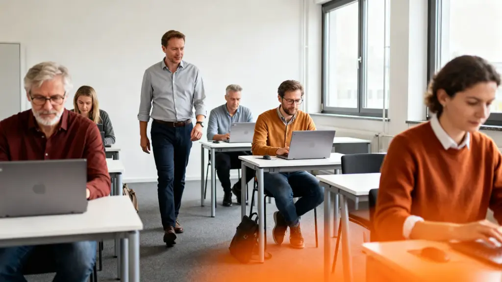 Erwachsene nutzen Weiterbildungsmöglichkeiten in einem Schulungsraum